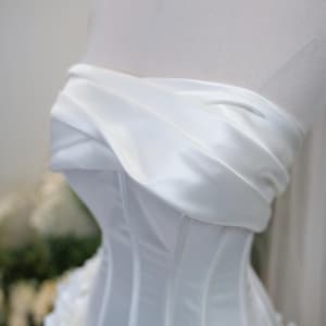 Strapless Satin Wedding Dress with 3D Floral Appliqué and Corset Bodice, Elegant A-line Bridal Gown with Train image 7