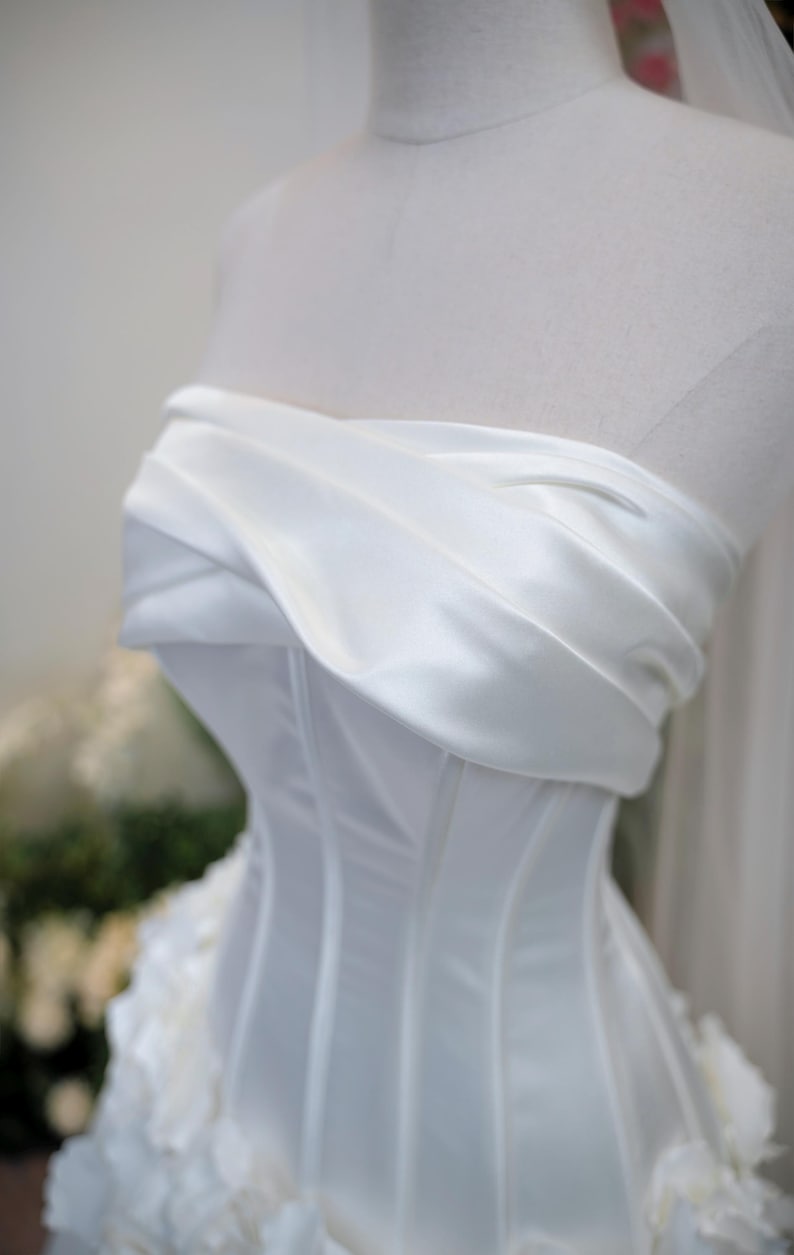 Strapless Satin Wedding Dress with 3D Floral Appliqué and Corset Bodice, Elegant A-line Bridal Gown with Train image 7