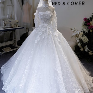 Handmade Lace Ball Gown Wedding Dress – Long Sleeve High Neck Bridal Gown – 3D Floral Appliqué Princess Dress with Train – Custom Made