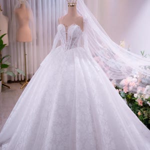 Off-Shoulder Ball Gown Wedding Dress / Floral Lace Bridal Gown with Tulle Skirt / Princess Style Wedding Dress / Custom Handmade Gown