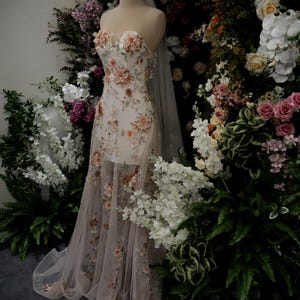Handmade Floral Wedding Dress – Sheer Strapless Bridal Gown – 3D Flower Appliqué Lace Dress – Unique Colorful Custom Made Gown for Bride
