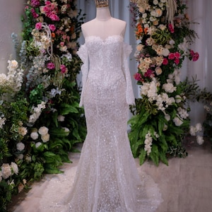 Vestido de novia de sirena con hombros descubiertos, vestido de novia de encaje brillante con mangas largas, corsé ajustado, cola brillante, vestido de novia hecho a medida