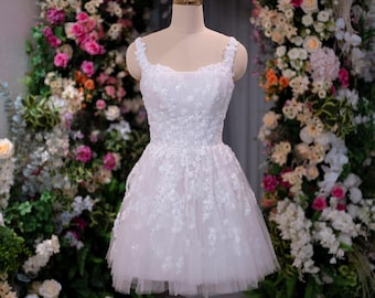 Minivestido de novia floral, vestido de novia corte A, vestido de novia de encaje 3D, vestido de recepción con espalda con cordones, vestido de novia hecho a medida