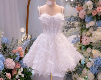 Short A-Line Wedding Dress with 3D Floral Appliques / Beaded Straps Bridal Gown / White Reception Dress / Custom Handmade Dress