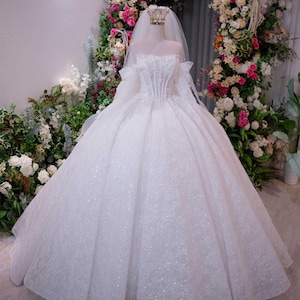 Off Shoulder Princess Ball Gown Wedding Dress, Luxury Beaded Bridal Gown, Sparkly Lace Tulle Wedding Dress with Bow Sleeves