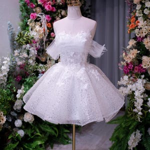 short wedding dress with colored tulle underneath Chic A-Line Satin Tulle Short-Mini Wedding Dress Off Shoulder Little White Dress COCOMELODY CW3381, 7 Days / Ivory / US16-UK18-EUR46