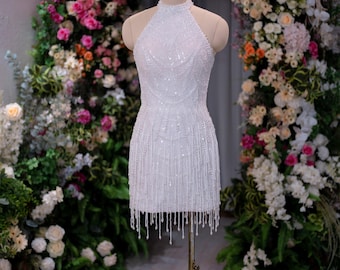 Minivestido de novia, vestido de novia con flecos de cuentas de cristal, vestido de recepción de lujo, vestido de novia con espalda con cordones, vestido de novia a medida