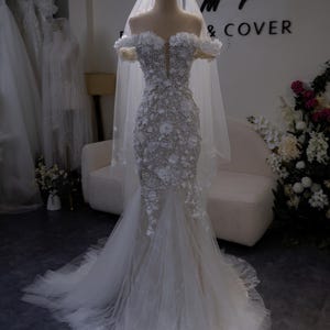 Off Shoulder Mermaid Wedding Dress / 3D Floral Lace Bridal Gown / Elegant Fishtail Wedding Dress with Train / Handmade Custom Gown for Bride