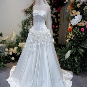 Strapless Satin Wedding Dress with 3D Floral Appliqué and Corset Bodice, Elegant A-line Bridal Gown with Train image 2