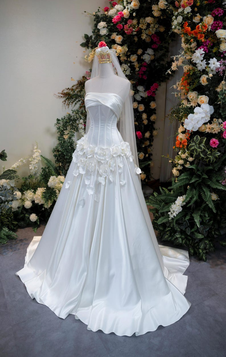 Strapless Satin Wedding Dress with 3D Floral Appliqué and Corset Bodice, Elegant A-line Bridal Gown with Train image 2