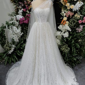 One-Shoulder Sparkly Tulle Wedding Dress | A-Line Lace Bridal Gown with Beading & Train | Custom Handmade Elegant Wedding Dress for Bride