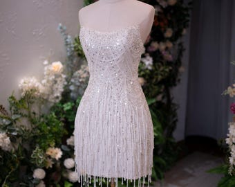 Handmade Mini Wedding Dress – Short Sequin Fringe Bridal Gown – Pearl Beaded Strapless Reception Dress – Custom Pearl Beaded Mini Dress