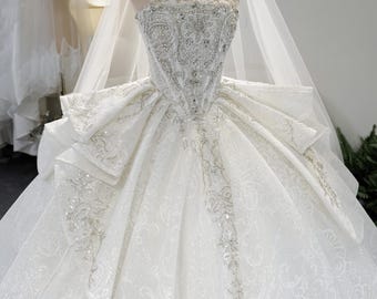 Vestido de novia de lujo sin tirantes estilo princesa con detalle de lazo, vestido de novia con corsé de cuentas, vestido de novia de princesa jacquard brillante, alta costura nupcial