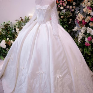 Handmade Ball Gown Wedding Dress – Princess Bridal Gown with Long Lace Sleeves, Off Shoulder Satin Corset, Custom Luxury Couture
