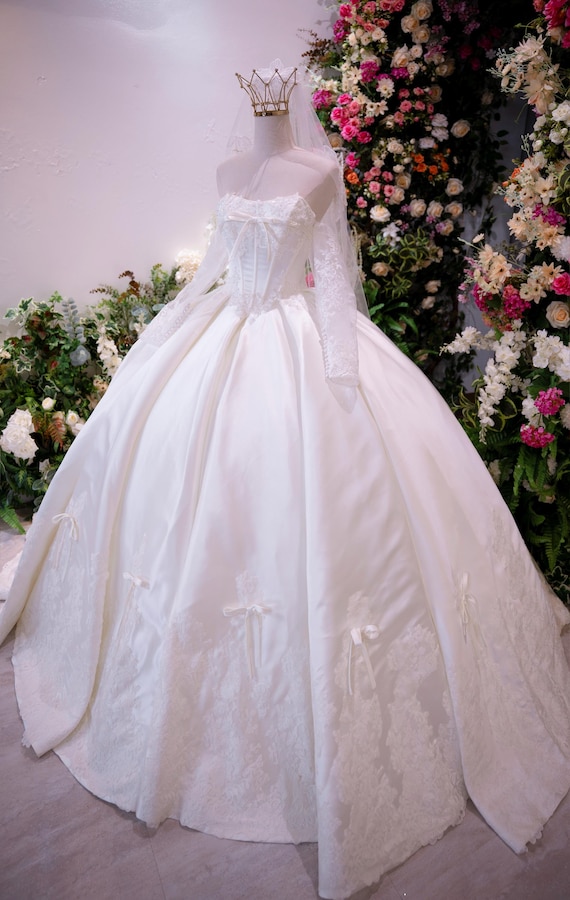 Handmade Ball Gown Wedding Dress – Princess Bridal Gown with Long Lace Sleeves, Off Shoulder Satin Corset, Custom Luxury Couture