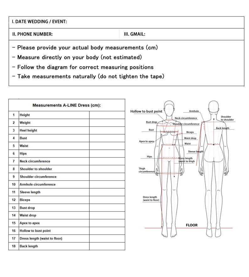 May include: A white form for wedding dress measurements, including height, weight, bust, waist, and hip measurements in centimeters. Diagrams illustrate measurement points for an A-line dress.