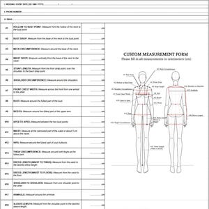 May include: A white custom measurement form with black text and lines. The document includes a list of twenty numbered measurement instructions and a diagram showing front and back views of a human figure with labeled points for body measurements.