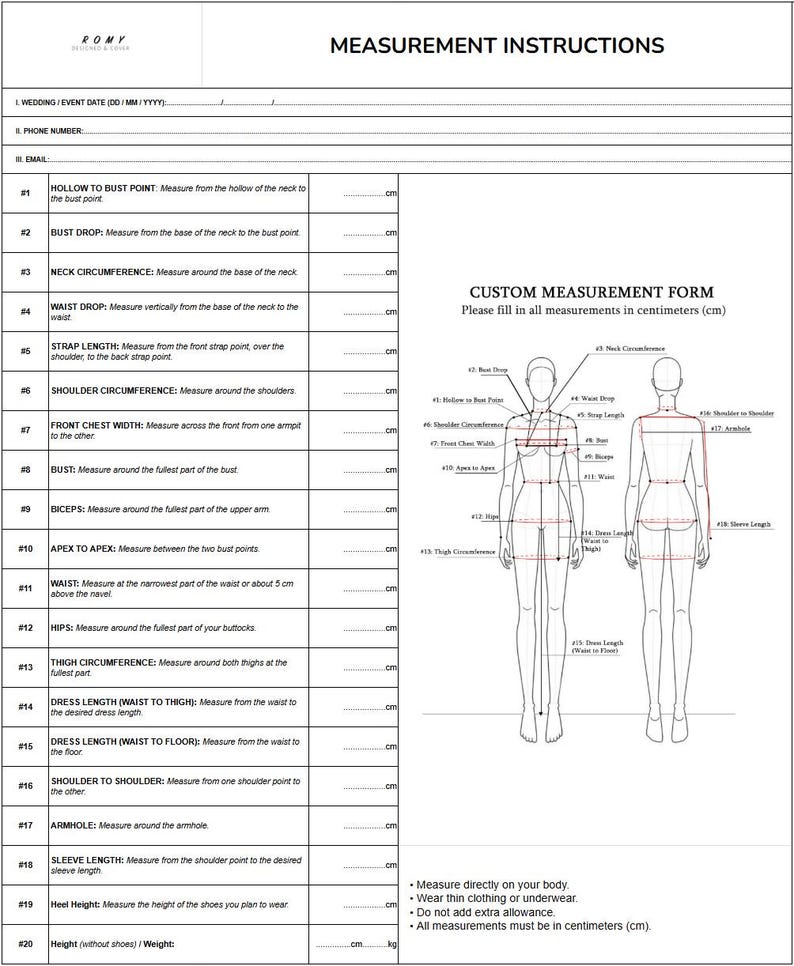 May include: A white custom measurement form with black text and lines. The document includes a list of twenty numbered measurement instructions and a diagram showing front and back views of a human figure with labeled points for body measurements.