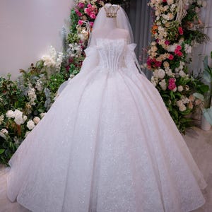 Off Shoulder Princess Ball Gown Wedding Dress, Luxury Beaded Bridal Gown, Sparkly Lace Tulle Wedding Dress with Bow Sleeves