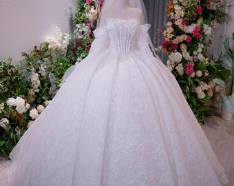 Off Shoulder Princess Ball Gown Wedding Dress, Luxury Beaded Bridal Gown, Sparkly Lace Tulle Wedding Dress with Bow Sleeves