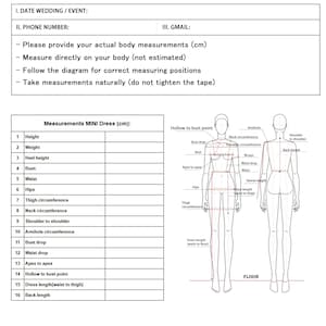 May include: A detailed diagram for taking body measurements in centimeters for a mini dress. Includes a form for height, weight, bust, waist, and other measurements. Instructions are provided to measure directly on the body.