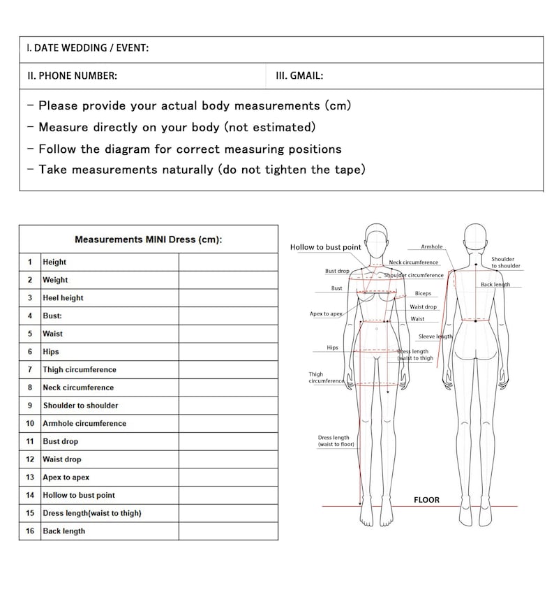 May include: A detailed diagram for taking body measurements in centimeters for a mini dress. Includes a form for height, weight, bust, waist, and other measurements. Instructions are provided to measure directly on the body.