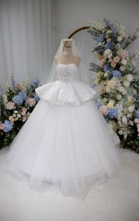 Strapless Lace Ball Gown Wedding Dress With Peplum Waist, Tulle
