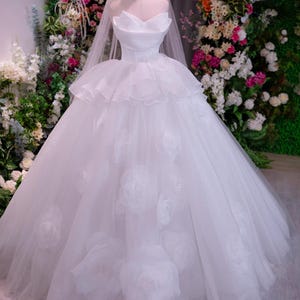 Luxury Off Shoulder Ball Gown Wedding Dress with 3D Floral Details | Romantic Bridal Gown with Rose Appliques | Elegant Princess Style Gown