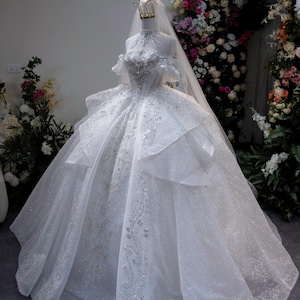Peut inclure: Robe de mariée blanche avec une jupe ample et un corsage orné. La robe présente un col montant, des manches courtes et des broderies complexes. Une couronne dorée et un voile sont sur le mannequin. Fleurs en arrière-plan.