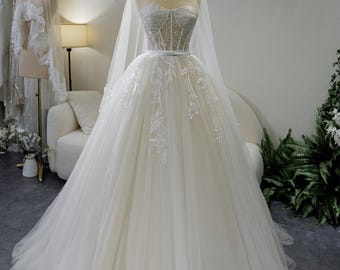 Strapless Corset Wedding Dress Ball Gown Tulle Lace Applique Bridal Gown | Sheer Bodice Princess Wedding Dress Custom Made Bride Dress