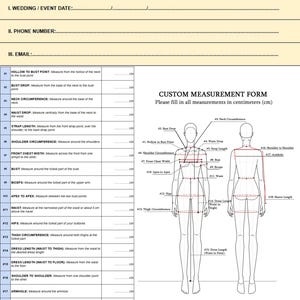 May include: A custom measurement form with a light green header labeled MEASUREMENT INSTRUCTIONS. It includes fields for event date, phone, and email, followed by a numbered list of 20 body measurements and a diagram of two human figures.
