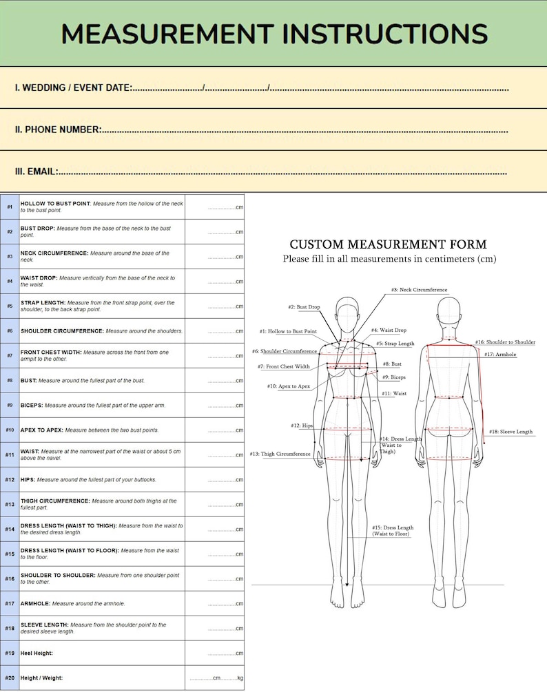 May include: A custom measurement form with a light green header labeled MEASUREMENT INSTRUCTIONS. It includes fields for event date, phone, and email, followed by a numbered list of 20 body measurements and a diagram of two human figures.