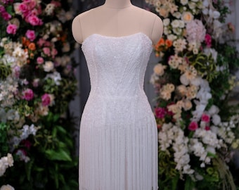 Minivestido de novia de lujo sin tirantes con flecos de cuentas de cristal, vestido brillante para la recepción nupcial, vestido para la fiesta posterior, vestido de novia a medida
