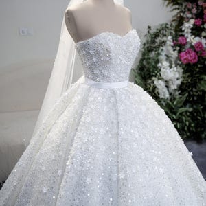 Strapless Ball Gown Wedding Dress, Handmade Floral Pearl Beaded Bridal Gown with Sparkle Tulle Skirt, Custom made