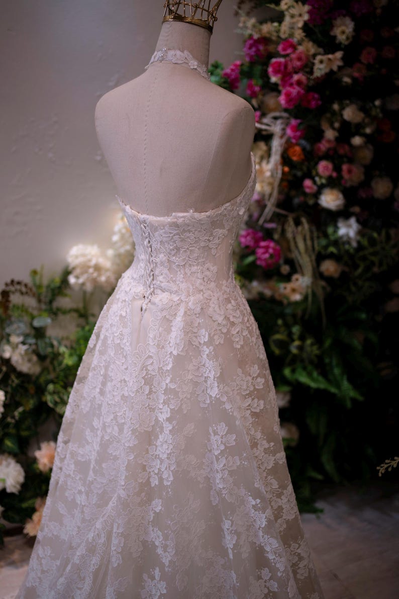 Halter Lace Wedding Dress | A Line Bridal Gown | Romantic Lace Wedding Dress | Garden Wedding Bridal | Custom Made Elegant Bride image 7