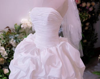 High Low Satin Wedding Dress, Strapless Bubble Bridal Gown, Detachable Overskirt Wedding Dress, Modern Princess Reception Dress