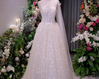 One Shoulder Bridal Gown with Cape Sleeve | A-line Floral Wedding Dress | Romantic Elegant Tulle Wedding Dress Custom Made