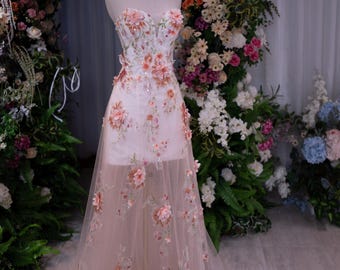 Peach Floral Wedding Dress Strapless | 3D Flower Applique Bridal Gown Sheer Tulle Overlay | Romantic Boho Wedding Dress Custom Made