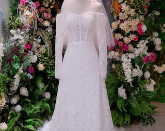 Off Shoulder Lace Wedding Dress | Long Sleeve A-Line Bridal Gown | Romantic Vintage Wedding Dress | Custom Made Bride Dress