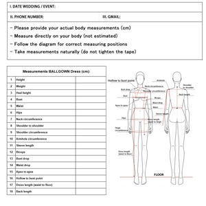 K&ouml;nnte beinhalten: Diagramm f&uuml;r Ballkleid-Ma&szlig;e, einschlie&szlig;lich H&ouml;he, Brust, Taille und H&uuml;fte. Anweisungen zum direkten Messen am K&ouml;rper, nicht gesch&auml;tzt, und nat&uuml;rlich. Das Diagramm zeigt Vorder- und R&uuml;ckansichten.