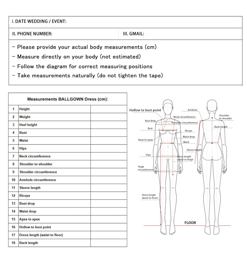 K&ouml;nnte beinhalten: Diagramm f&uuml;r Ballkleid-Ma&szlig;e, einschlie&szlig;lich H&ouml;he, Brust, Taille und H&uuml;fte. Anweisungen zum direkten Messen am K&ouml;rper, nicht gesch&auml;tzt, und nat&uuml;rlich. Das Diagramm zeigt Vorder- und R&uuml;ckansichten.