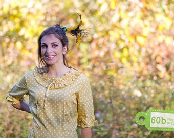 1940s silk polka dot day dress • ruffle collar • jonquil yellow