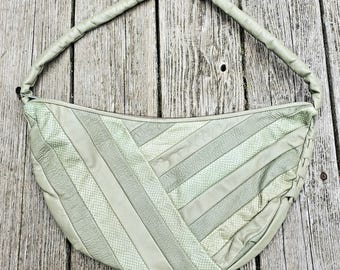 Vintage sage leather patchwork hobo bag • crescent / dumpling style