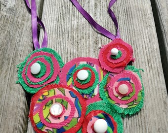 rainbow flowers • upcycled fabric bib necklace with vintage buttons