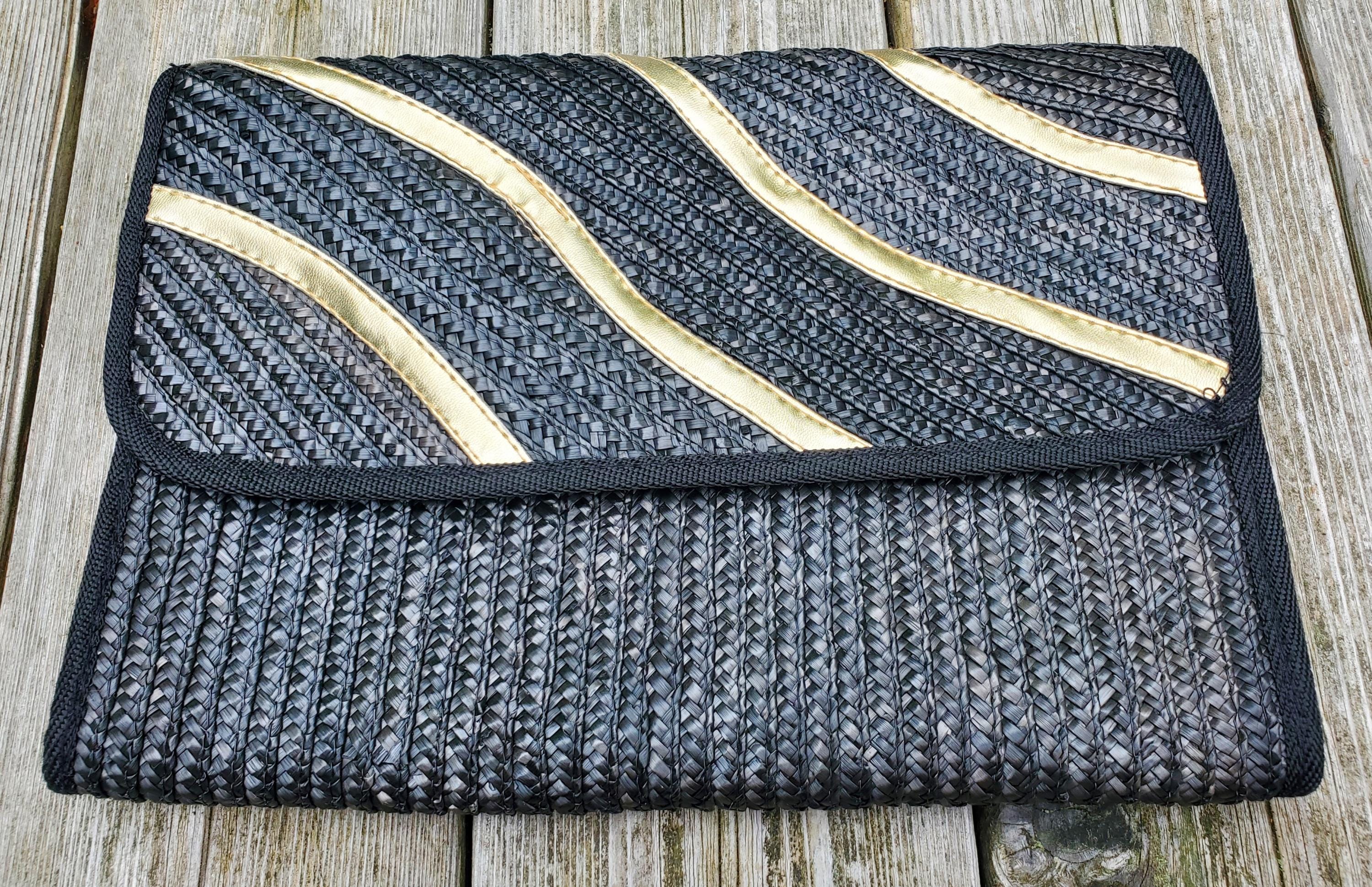 Black and Gold • Large Raffia Envelope Convertable Bag • New Year's Eve ...