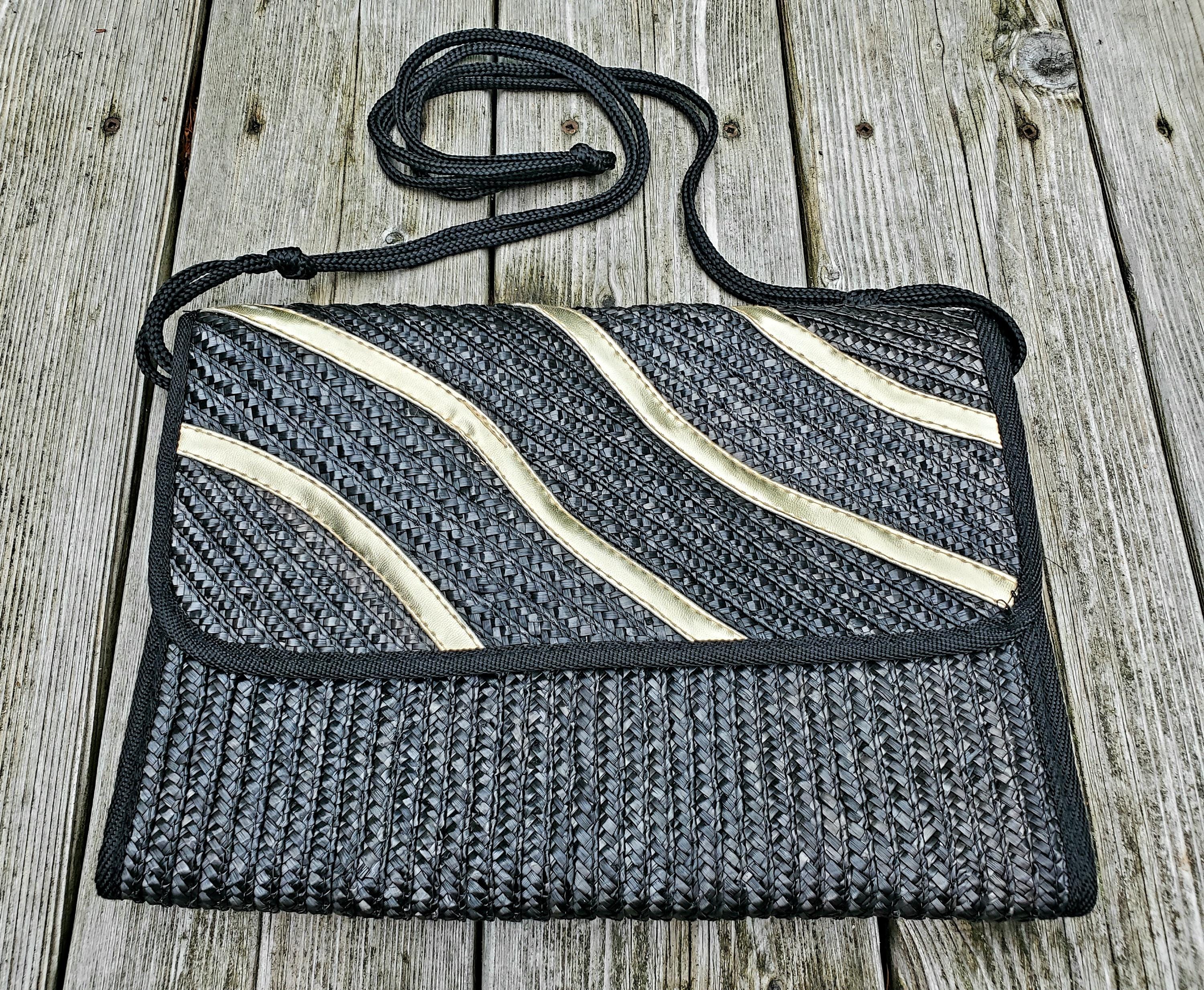 Black and Gold • Large Raffia Envelope Convertable Bag • New Year's Eve ...
