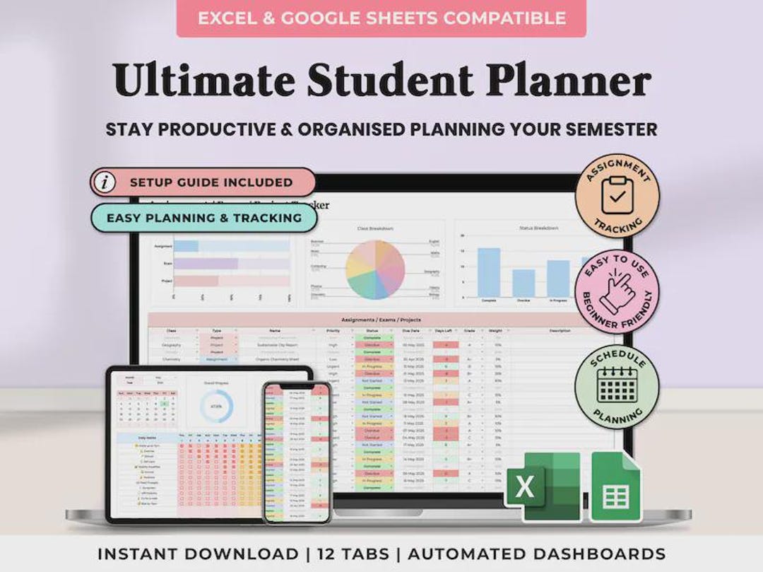Ultimate Student Planner Spreadsheet School Assignment Tracker Google ...