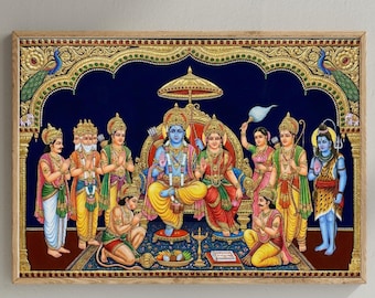 Arte de parede Ram Darbar, Assembleia do Senhor Rama, Sita, Lakshman, deus hindu, pôster indiano