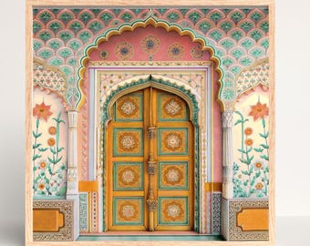 Peut inclure: Impression encadrée d'une porte voûtée ornée. La porte est jaune chaud avec des sculptures détaillées. L'architecture environnante présente des accents roses, turquoise et dorés, avec des motifs floraux et des colonnes. L'œuvre est sur fond blanc.