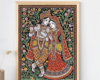 Arte de Radha Krishna, decoración floral de pared, impresión religiosa hindú, pintura pichwai, arte tradicional indio